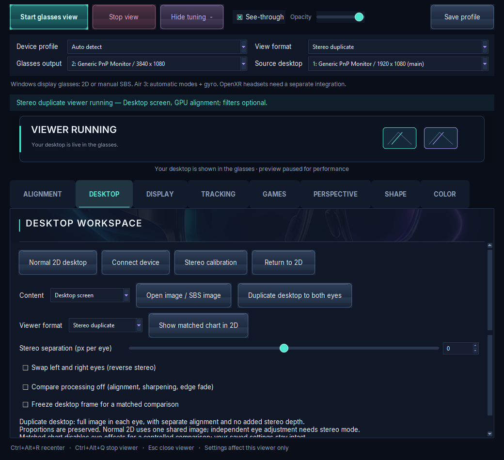 Screenshot of the Desktop tab in Complete VR Studio: Normal 2D, stereo calibration, duplicate-to-both-eyes, stereo separation, swap eyes and freeze-frame comparison options