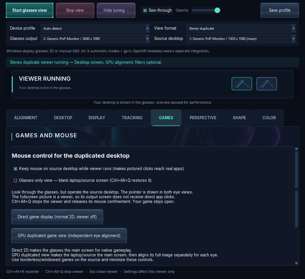 Screenshot of the Games tab in Complete VR Studio: mouse control options, direct game display and GPU duplicated game view buttons